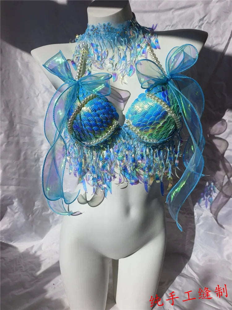 RM Handmade Mermaid Sequin Shell Bikini Top Bra Oceanarium Bar Table Performance Costume Fishtail Leather