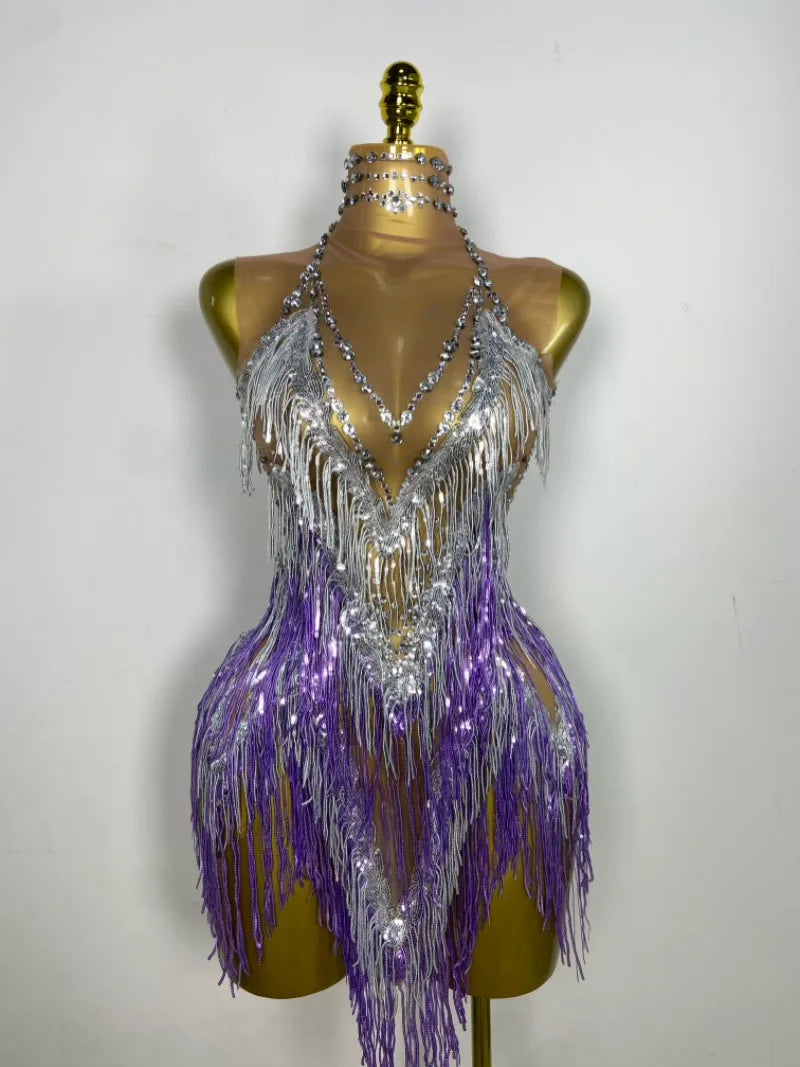 Stock Nightclub Singer Dance Stage Costume Evening Gowns Women Sexy Stretch Mesh Sparkly Rhinestone Tassels Mini Dress