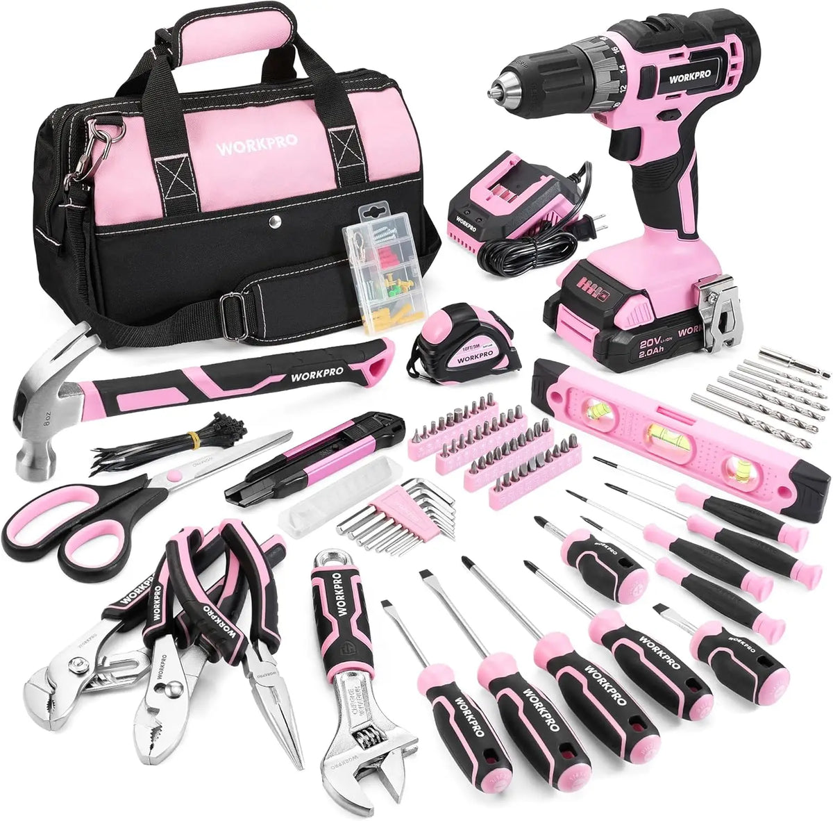 Pink Tool Kit with Cordless Drill, 157-Piece Home Repair Set for Women, Includes Storage Bag