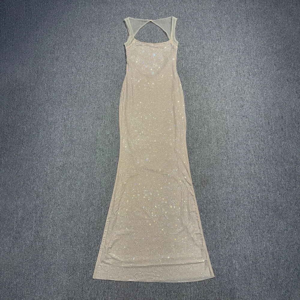 Multi Colours Backless Shiny Rhinestones Mesh Patchwork Long Dress For Women Slim Bodycon Evening Party Cocktail Gowns