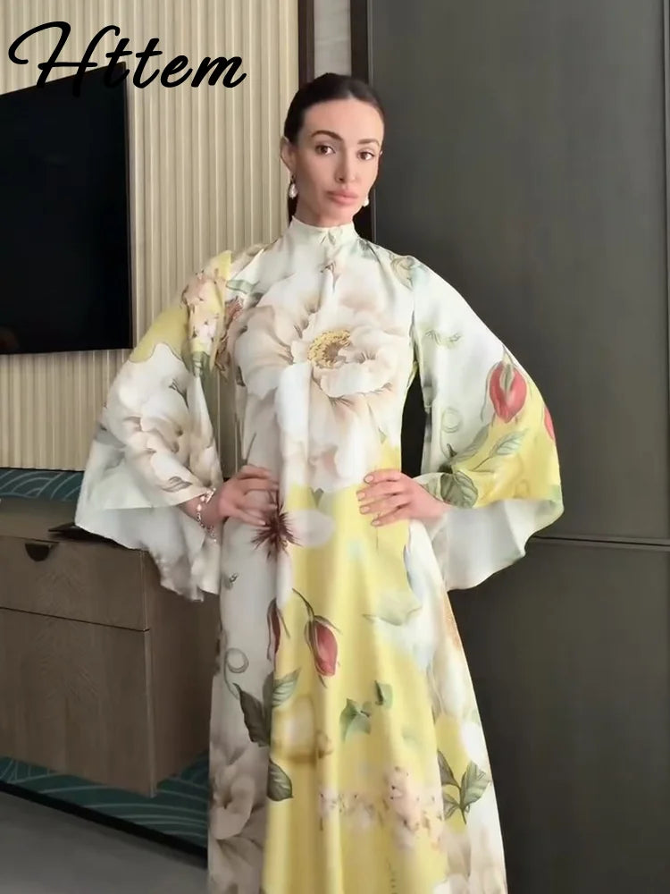 Elegant Long Print Women Dress Vacation Stand Collar Full Flare Sleeve Waist-cinching Female Dresses 2026 Summer Lady Robe New