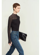 Amii Minimalism Mesh T-shirts For Women 2026 Autumn New Office Lady Half-high Neck Micro Perspective Slim Retro Shirt 12423055