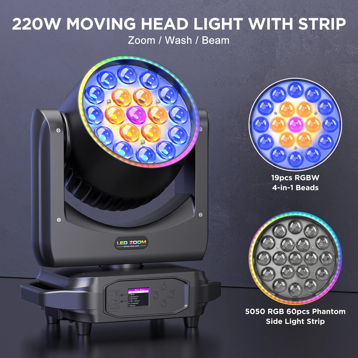 U'King 2Pcs 220W Beam Wash Zoom Moving Head Lights With Light Strip19X15W RGBW LED Stage Light DMX512 DJ Light For KTV Bar Party