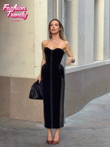 Sexy Strapless Corset Midi Dress Velvet Lace Trim Bust Bodycon Long Gowns Women's Elegant Wedding Guest Evening Outfit 2026 New