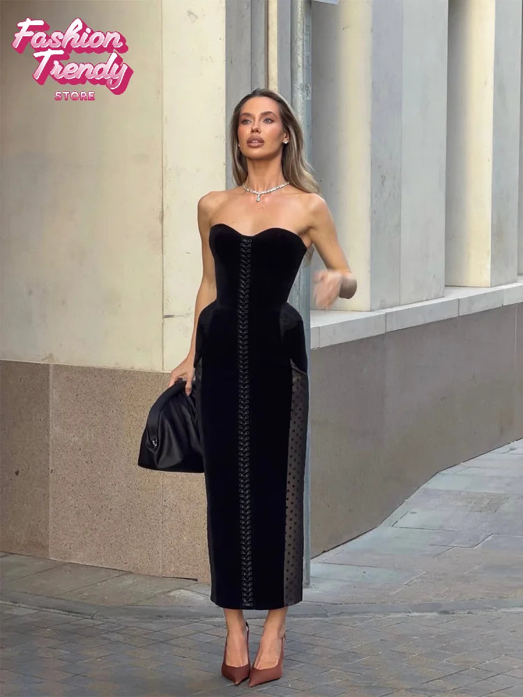 Sexy Strapless Corset Midi Dress Velvet Lace Trim Bust Bodycon Long Gowns Women's Elegant Wedding Guest Evening Outfit 2026 New