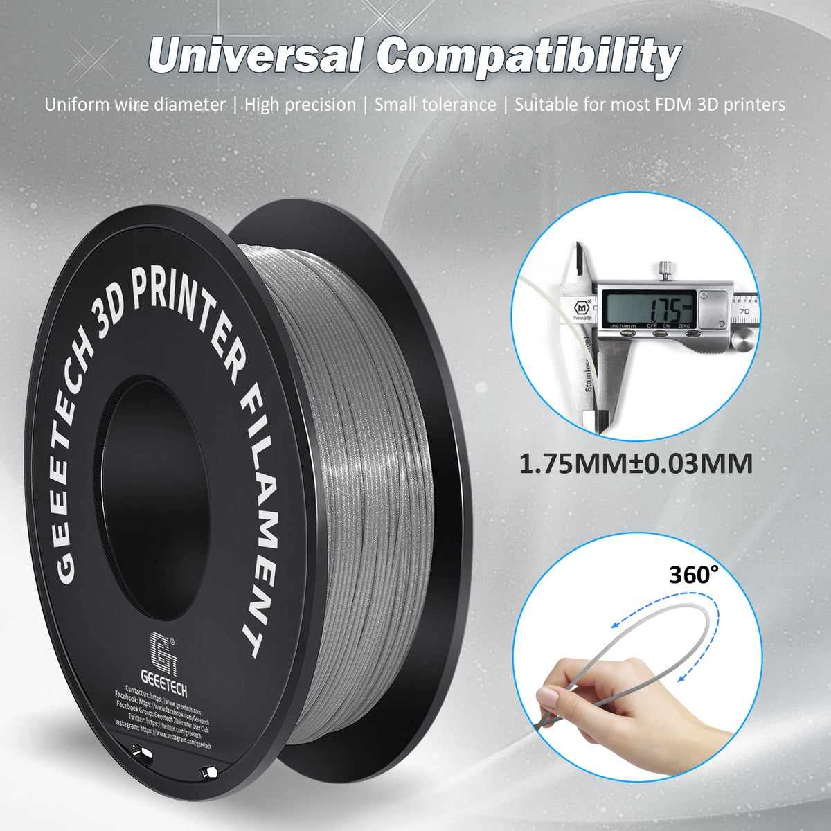 Geeetech Sparkly PLA Filament 1kg 1.75mm 3D Printer Plastic Material, Accuracy 0.03mm, multiple colour, Fit Most FDM Printer