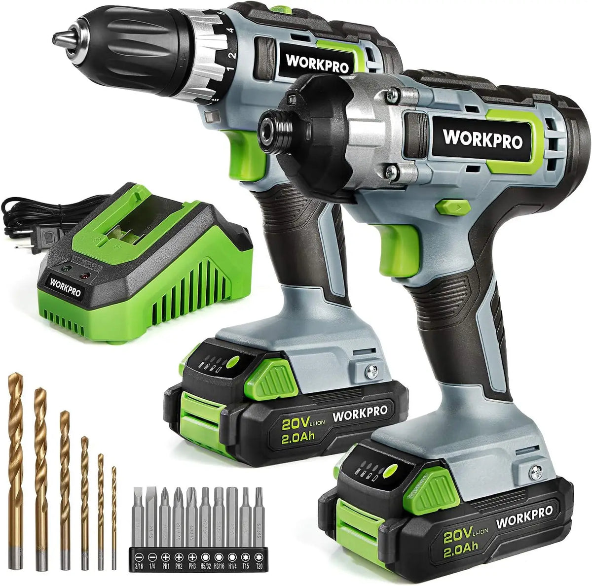 20V Cordless Drill & Impact Driver Combo Kit with 2 Batteries, Fast Charger, Bits