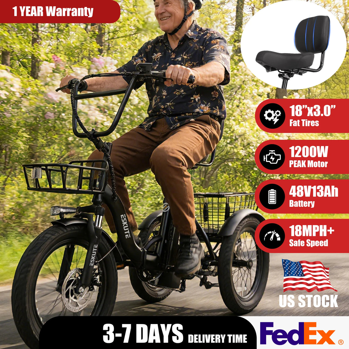 ESKUTE T300 Electric Bicycle Trike for Adults, 624Wh Battery, 1200W Motor eBIKE, 18"x3.0" Fat Tires, Foldable 3-Wheel E-Bike