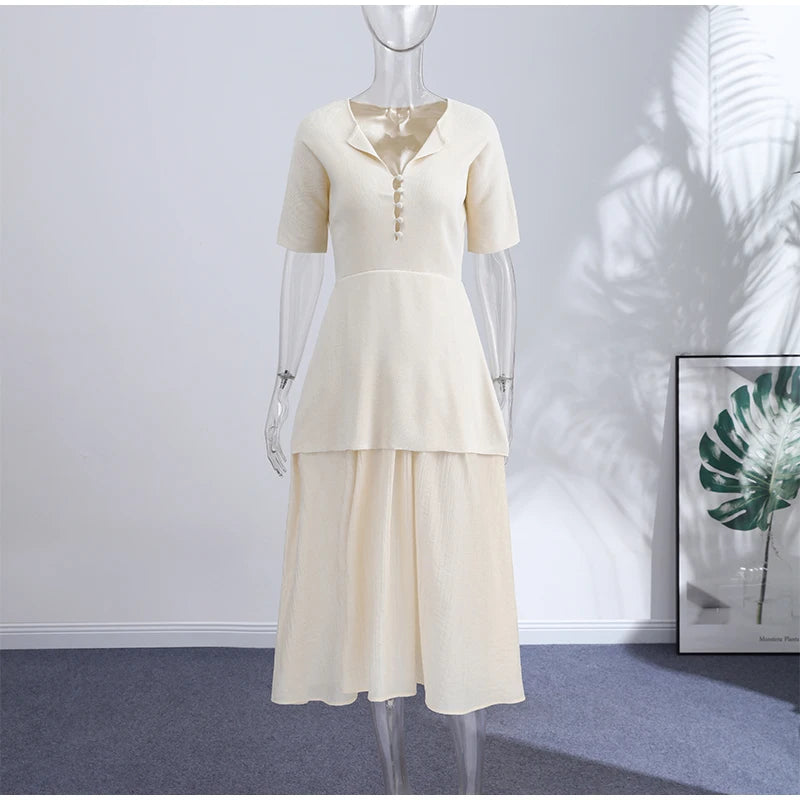 Crew Neck Short Sleeve Buttoned Paneled Midi Dress Fitted Bodice Flowing 2026 Spring Women Knit Skirt Fashion Elegant Lady Gown