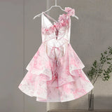 Chic Floral Printed Mini Dress Backless Sleeveless Hem Stacking Dresses Sweet A Line Vestidos 2025 New Lady Party Club Clothing