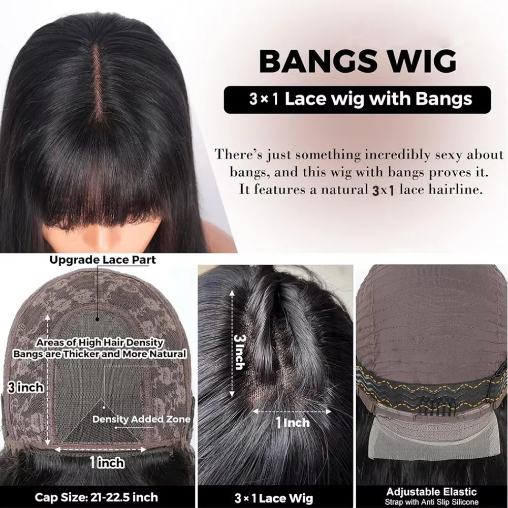 Short Straight Bob Wig Human Hair with Bangs 3x1 Lace Middle Part Full Machine Made Natural Black Wig for Black Women
