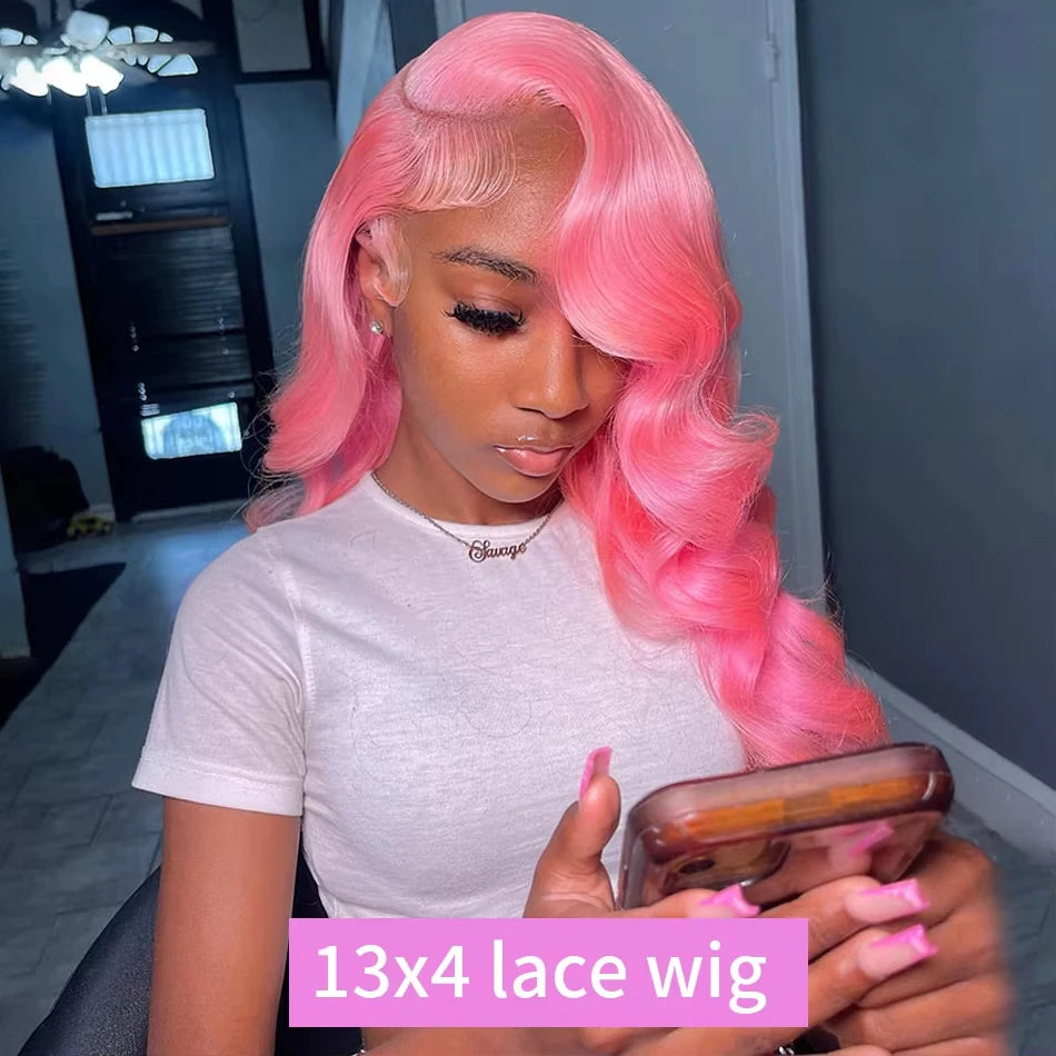 30 Inch Body Wave Pink 13x6 Hd Lace Frontal Human Hair Wig Light Pink