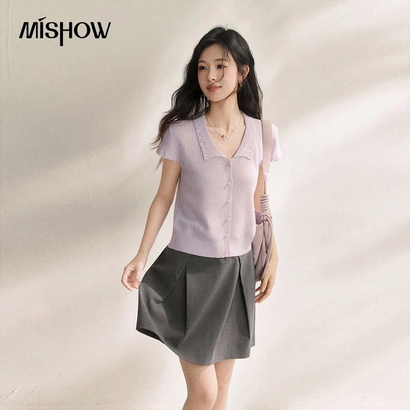 MISHOW New Linen Blended Collar Knitted T-shirt Short Sleeved Women's 2026 Summer Wave Edge Casual Short Thin Top MXF21Z3105