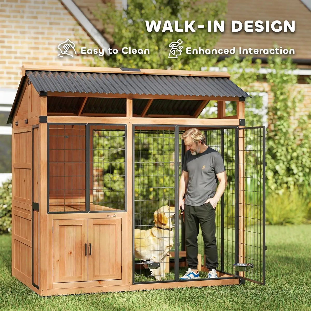 PawHut 7' x 5' Extra Large Outdoor Dog Kennel, Walk-in Wood Dog House with External Storage Cabinet, Platform, Stairs, Pet Shelt