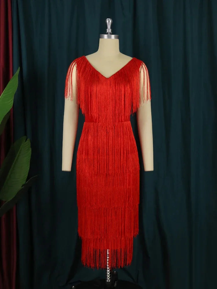 AOMEI Tassel Dresses Party V Neck Sleeveless High Waist Women Fringe Dance Evening Birthday Gowns Sexy Club New African Robe