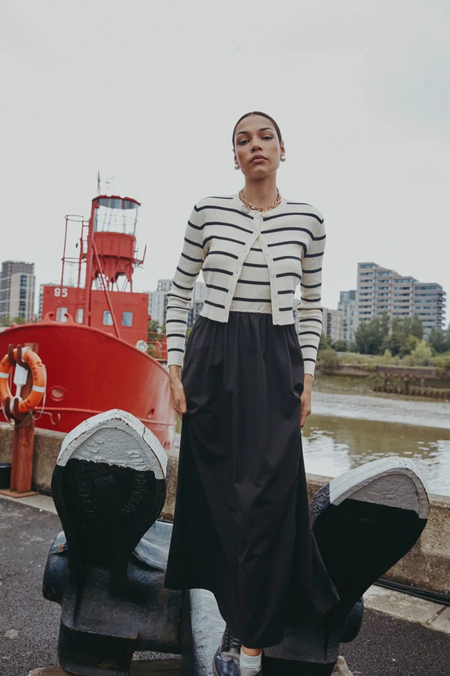 AS AW25 stripe knitting cardigan + sleeveless patch dress maxi matching set for woman clothing