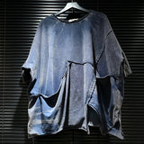 DEAT 2026 Summer Distressed Washed Deconstructed T-shirt With Patchwork Design Asymmetrical Hem Loose Short-sleeved Top 11B467
