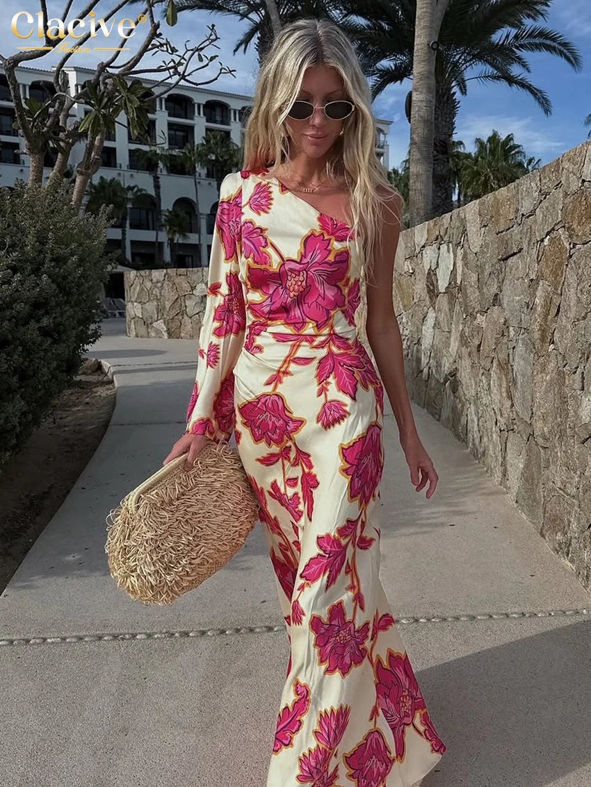 Clacive Fashion Slim Print Women's Dress 2025 Sexy Diagonal Collar Long Sleeve Maxi Dresses Elegant Classic Female Party Dress