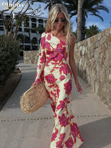 Clacive Fashion Slim Print Women's Dress 2025 Sexy Diagonal Collar Long Sleeve Maxi Dresses Elegant Classic Female Party Dress