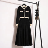 2026 New Autumn Winter Women O-neck Long Sleeve Knitted Pleated A-line Dress Christmas Party Red Sweater Long Dresses
