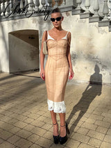 2026 Mesh Overlay Lace Hem Slip Women Dress Urban Patchwork Sleeveless Backless Female Dresses Summer Bodycon Lady Robe New