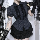 Summer American Casual Punk T Shirt Women Short Sleeve Lapel Single Breasted Plaid Top Subculture Y2K Gothic Shirt Street Style