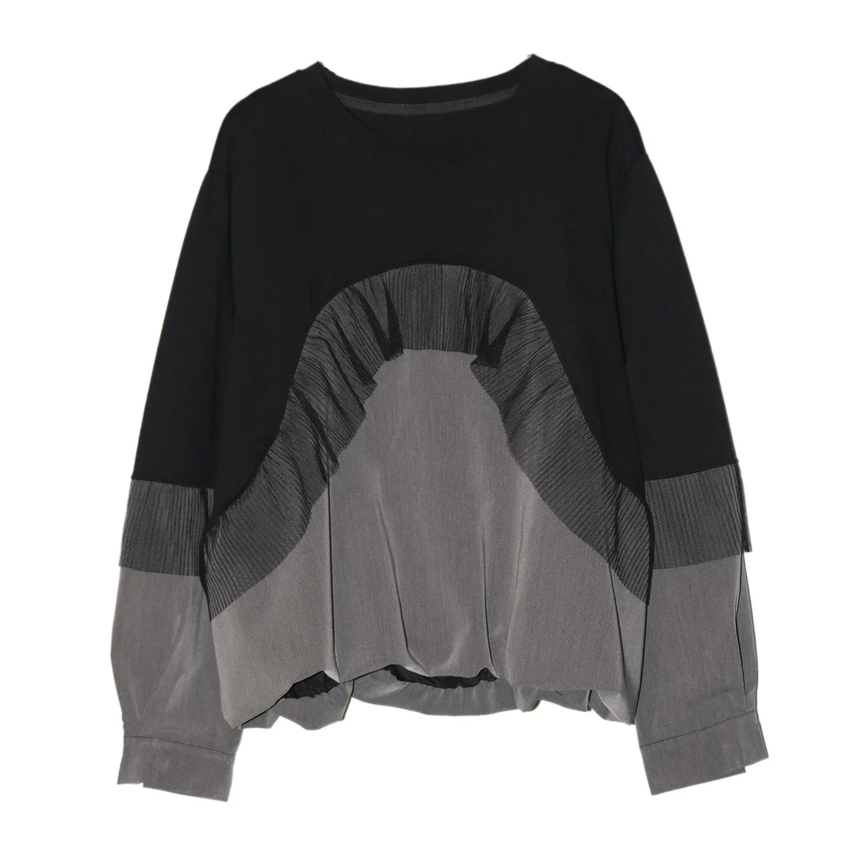 [EAM] Women Balck Mesh Ruffles Spliced Big Size T-shirt New Round Neck Long Sleeve Fashion Tide Spring Autumn 2026 1DJ9332