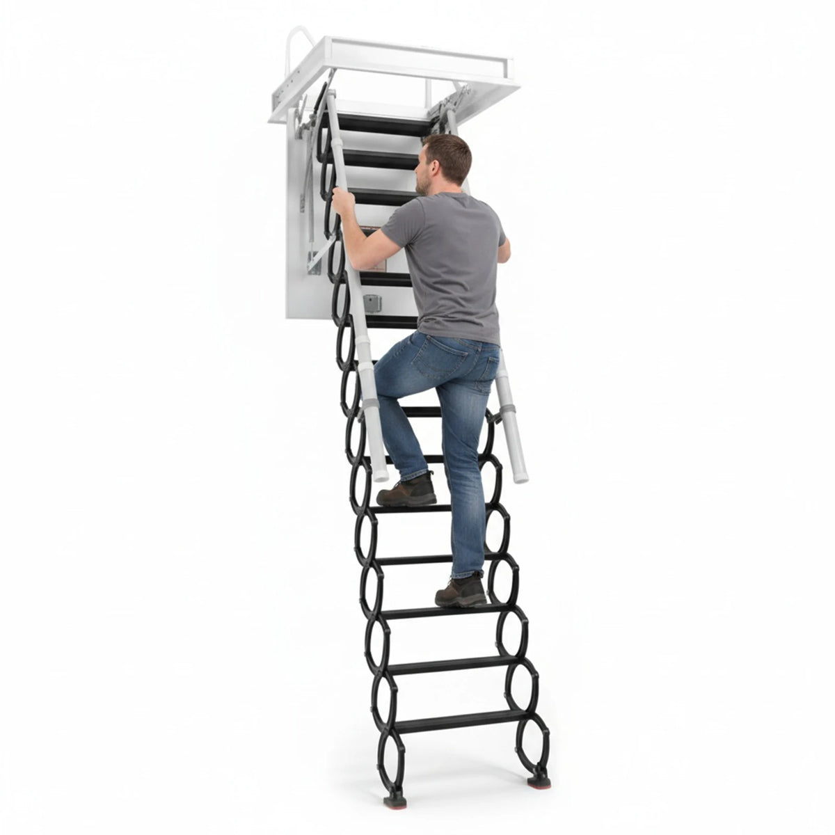 12 Steps Ceiling Mounted Attic Ladder Height Adjustable with Handrails 660LBS Steel Lift Staircase for Garages Roofs Basements ﻿