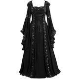 Vintage Medieval Maxi Dress for Women Gothic Bandage Flare Sleeve Floor Length Dress Lady Elegant High Waist Square Neck Dresses