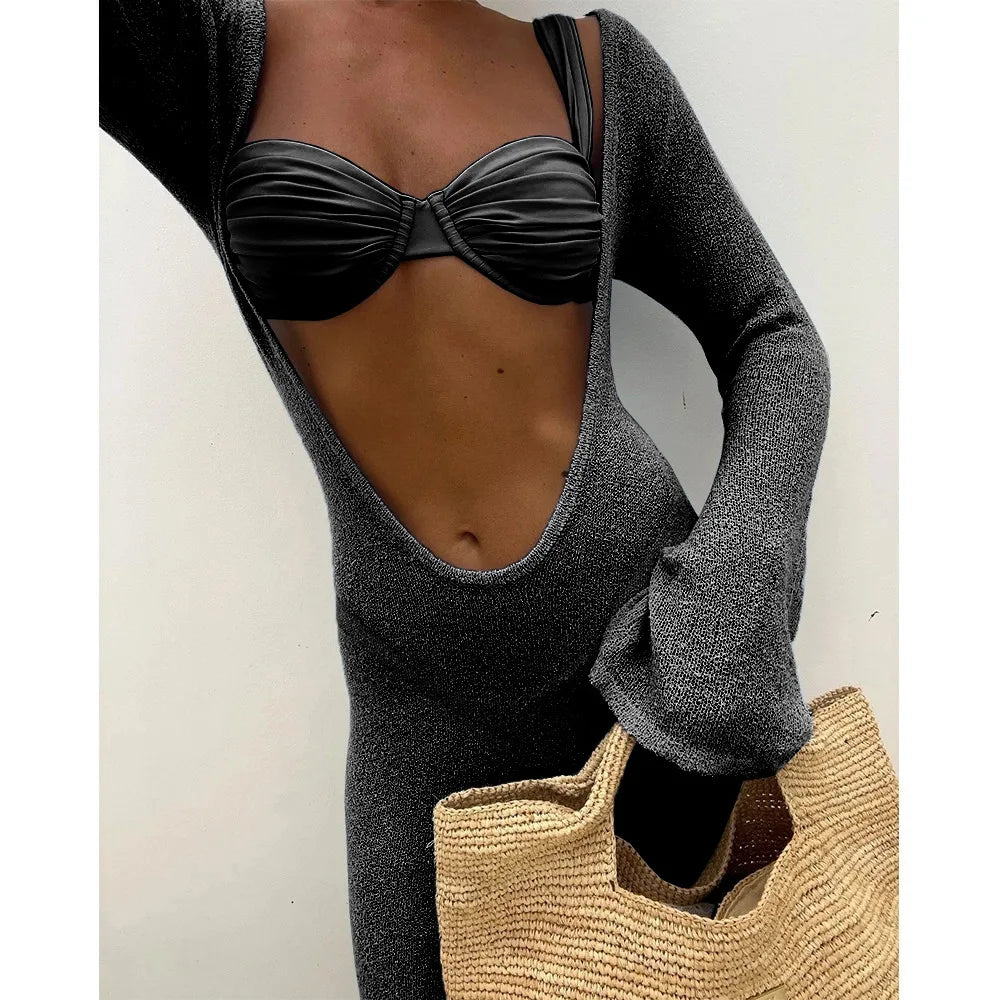 WackDaria Women Swimsuit Three Pieces Bikini Set Long Sleeve Dress Mesh Cover Up Beach Swimming Bathing Suit