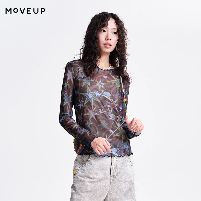 MOVEUP Long-Sleeved Crew Neck Top, Spring 2026 New Geometric Print Mesh Ruffled Hem Personalized Casual Top For Women 3ELC10535