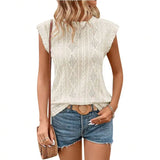 Women Sleeveless Knit Top With Ruffle Cap Sleeve Hollow Out Casual Summer Blouse