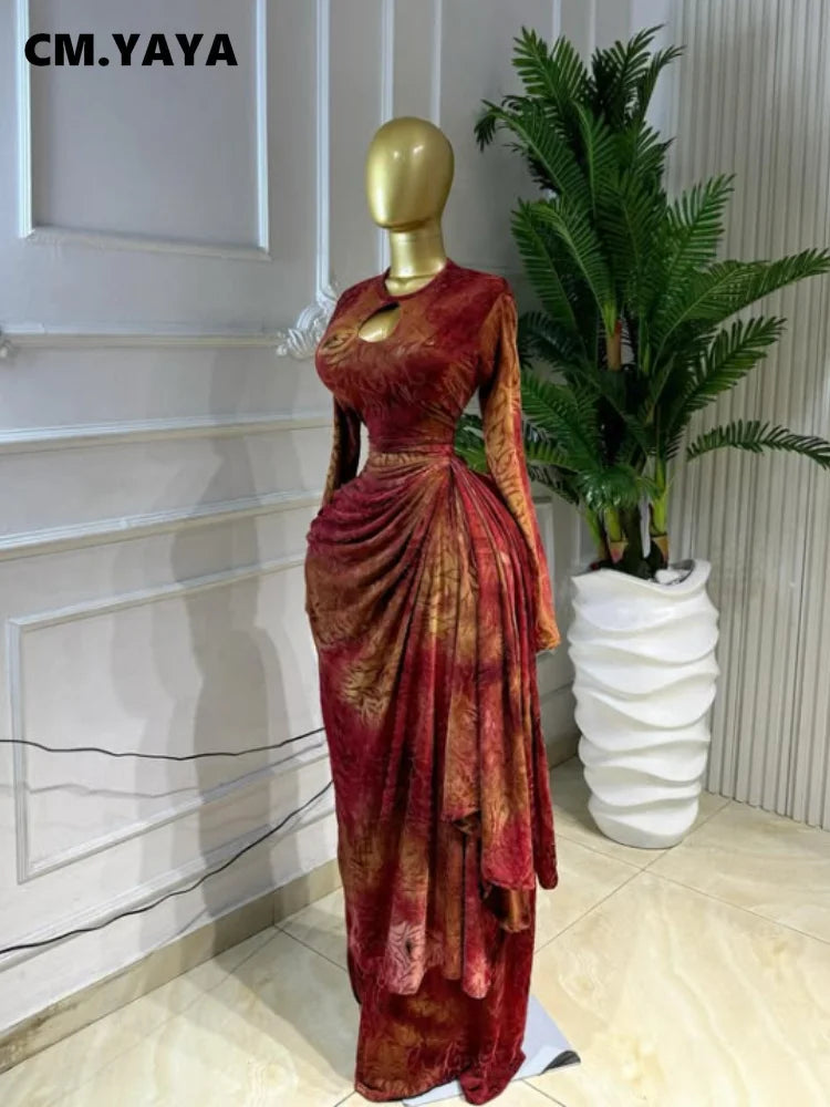 CM.YAYA Women Tie Dye Print O-neck Ruched Ribbon Long Dress 2026 Fall Street Evening Birthday Beach Party Vestidos Sexy Dresses