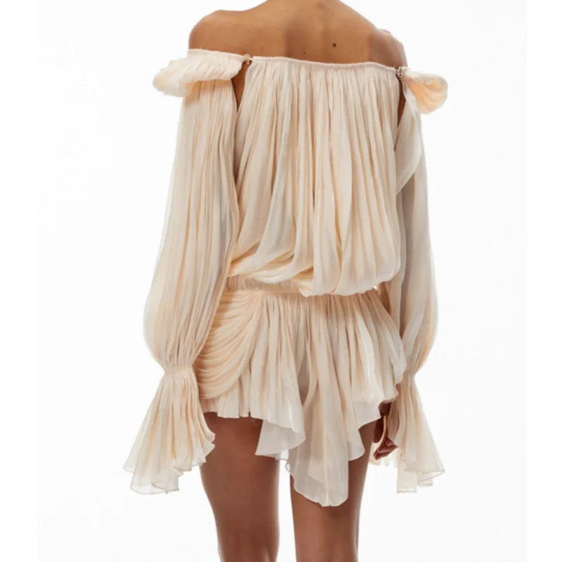Sexy Trendy Beige Mesh Fold Irregular Dress Women Chic Square Collar Flared Sleeve Pleat Hollow Out Gown Summer Club Party Wear