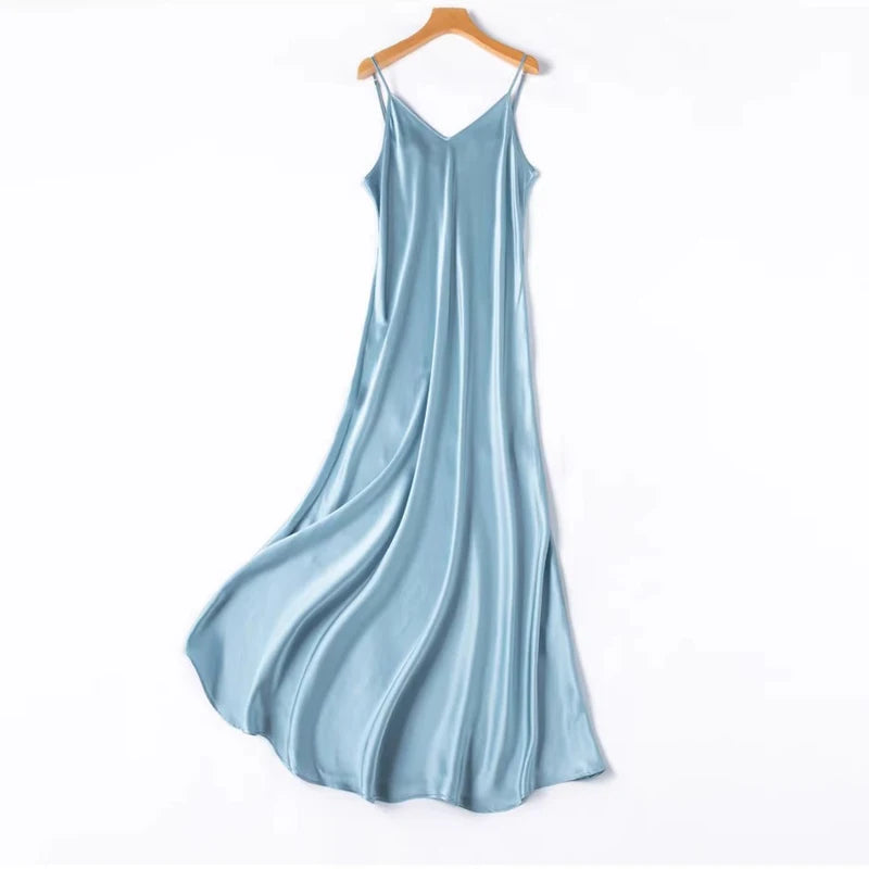 2026 Women's Fashion New 21MM 100% Natural Mulberry Silk Plain Satin Extended French Sexy Adjustable Shoulder Strap Solid Dress