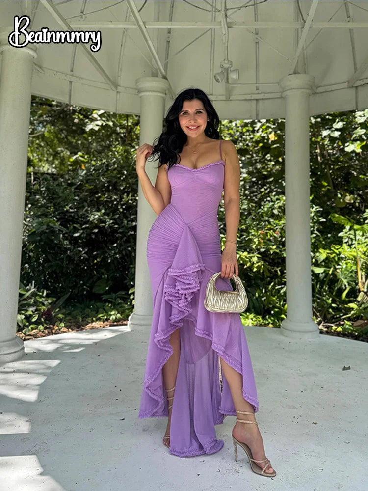 Wemon Low Neck Slim Sleeveless Elegant Vestidos Retro Solid Flounce Split Long Dresses New Summer Evening Party Lady Chic Robes