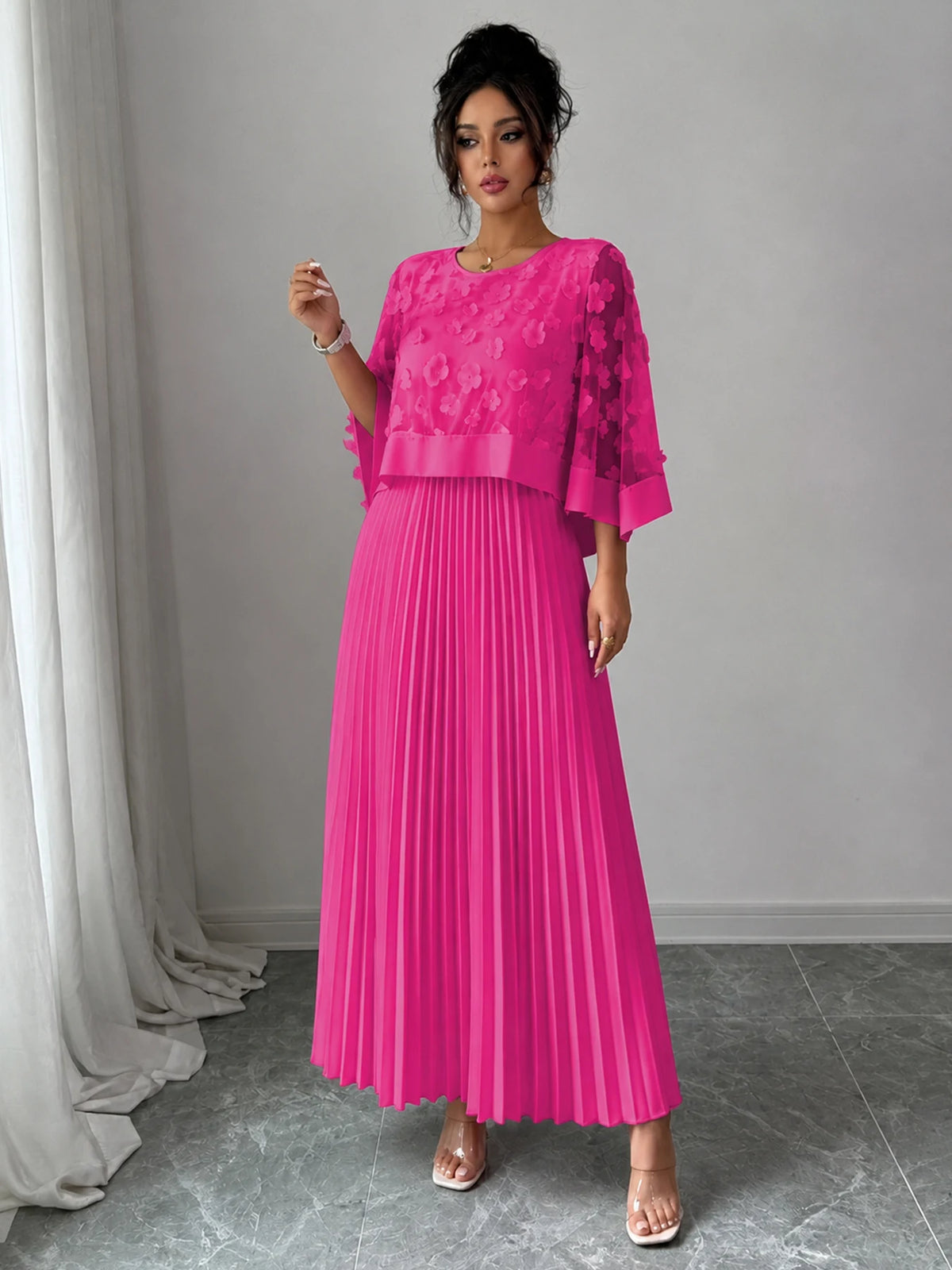 Elegant A-line Pleated Dress With Appliquéd Mesh Paneling, Vacation Outfits Women, Summer Outfits for Women