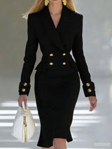 Elegant V-neck Double breasted Blazer Dress Fashion Commute Hight Waist Solid Party Dress Lady Casual Long Sleeve Wrap Hip Dress