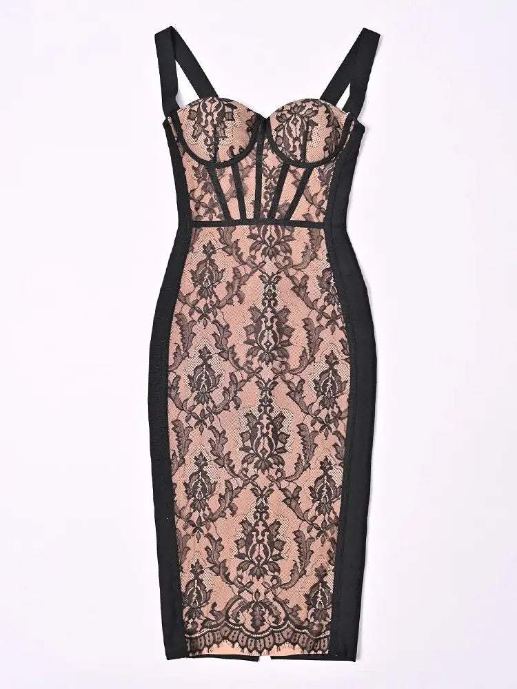 BEAUKEY Sexy Vintage Quality Black White Lace Bandage Evening Dress Women Summer Party Bustier Split Ladies Vestido Sexy Dress