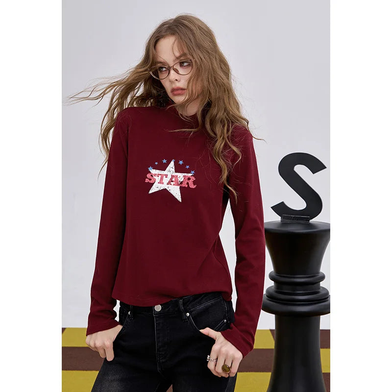 ELFSACK 2025 Winter New Arrivals Y2K Slim Fit Half Neck Graphic Long Sleeve T-shirt For Woman