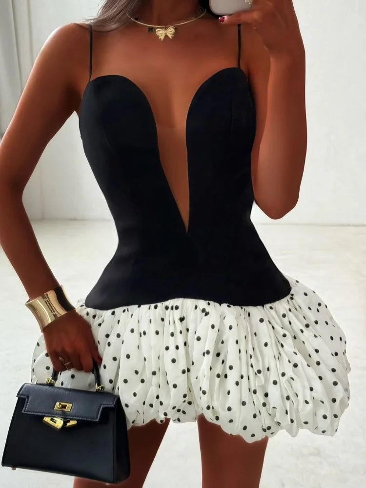 Contrast Polka Dot Print Puff Hem Dress Elegant Deep V-neck Sleeveless High Waist Vestidos Lady Backless Party Evening Robe 2025