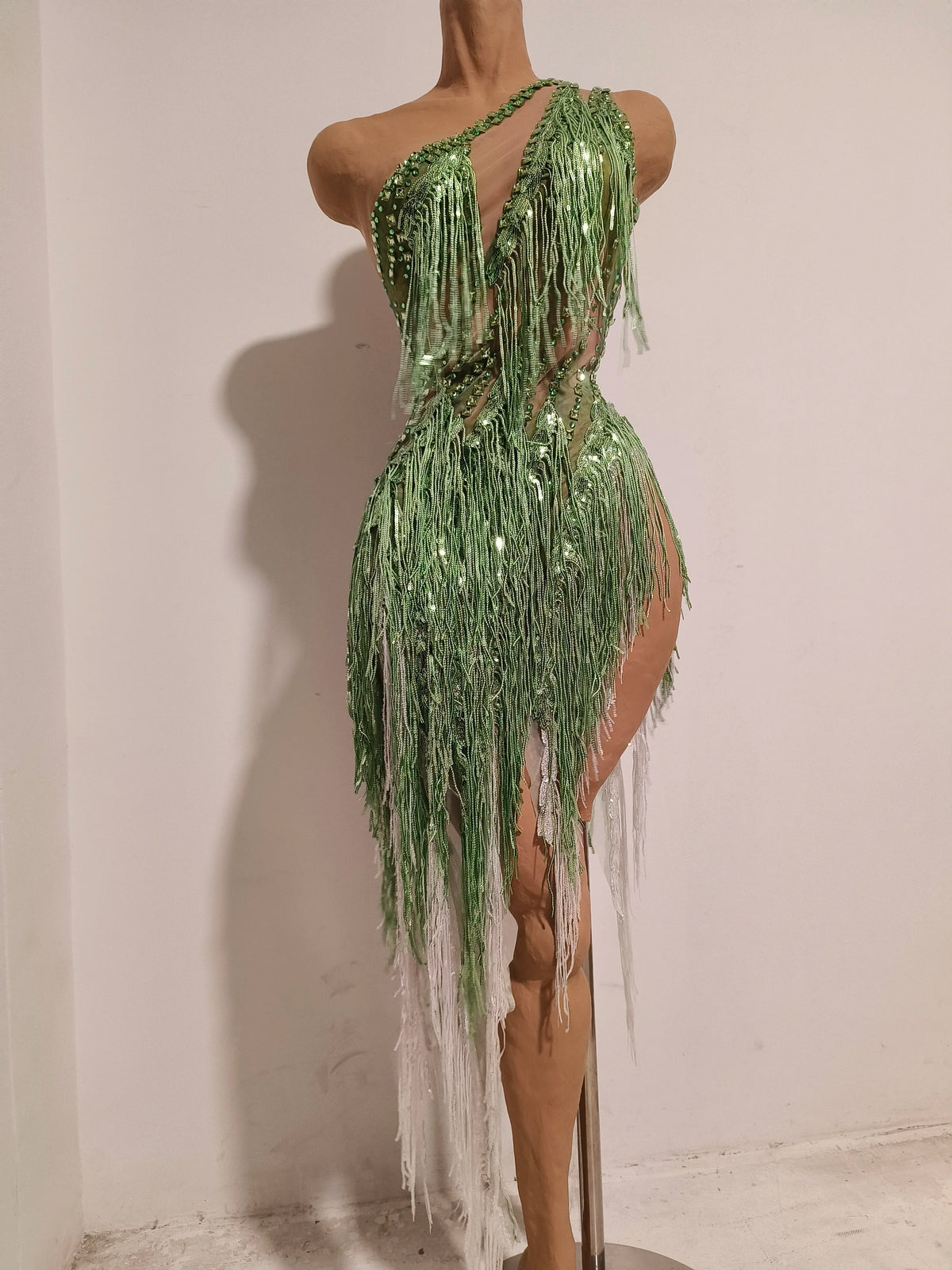 Women Sparkly Rhinestones Tassel Green One Shoulder Sexy See-Through Dress Latin Dance Outfits Bar Nightclub Party Stage Costume