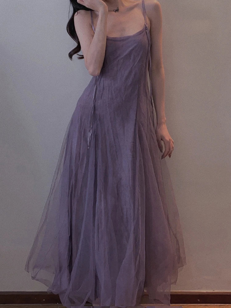 Slimming Effect Purple Mesh Ankle-Length Dress with Strap for plus Size Women Conceals Belly A-Line Gown Korean Style Commute...