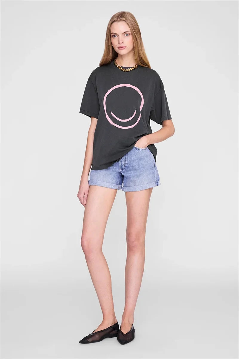 The North America Style Women's Summer 100% Cotton Fashionable Casual Slim Fit Face Printed Round Neck Short Sleeved T-shirt Top