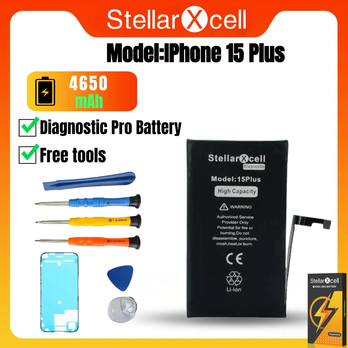 StellarXcell Diagnostic Battery No Unknown Parts No Pop Up Message for iPhone 12mini 13Pro Max 14Plus 15Pro Max With Free Tools