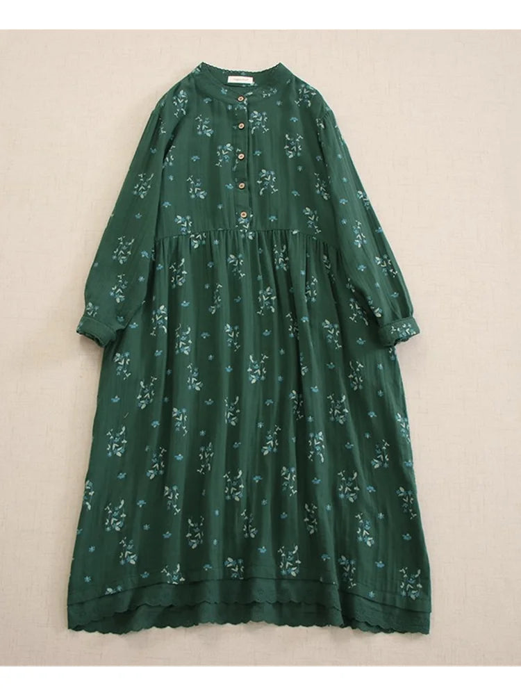 Lamtrip-Double Layers Skin-Loving Stand Collar Flowers Print Long Sleeve, Single Breasted, Loose Robe, Mori, Summer, Unique