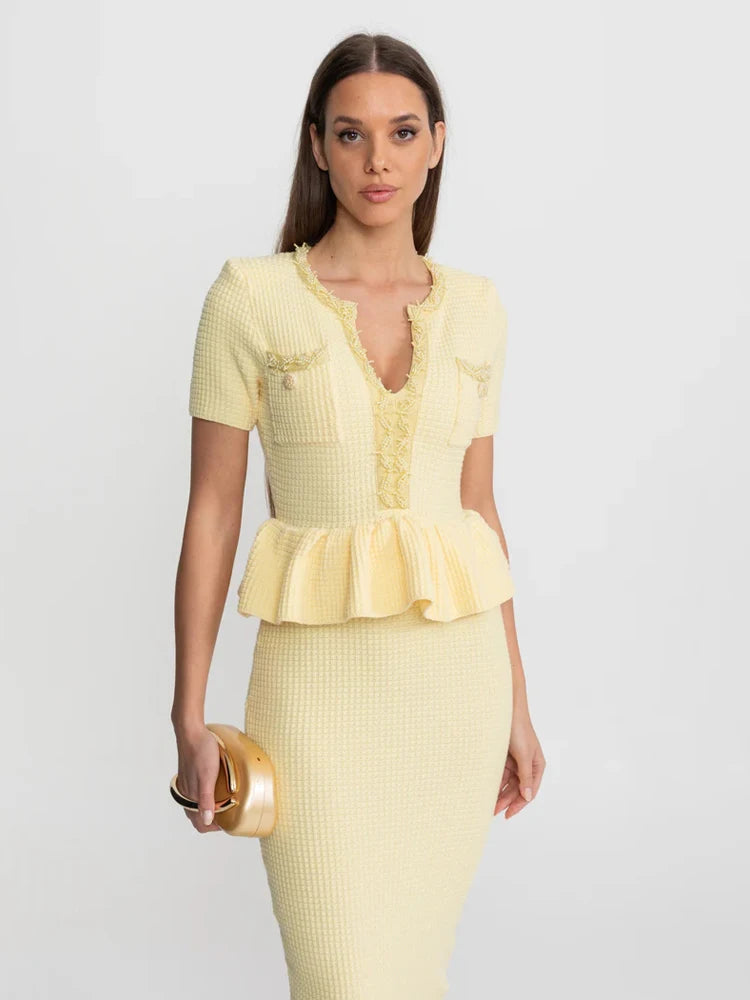 2026 Women New Ruffle Midi Dress V Neck Solid Color Bodycon Office Lady Dresses Short Sleeves 2026 Elegant Party Formal Vestidos