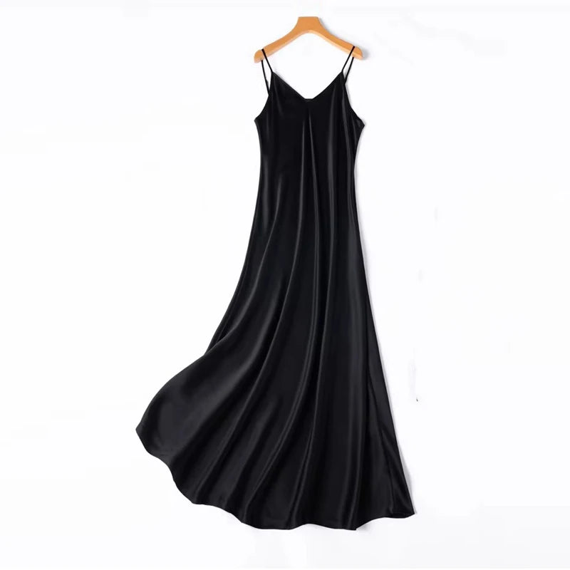 2026 Women's Fashion New 21MM 100% Natural Mulberry Silk Plain Satin Extended French Sexy Adjustable Shoulder Strap Solid Dress