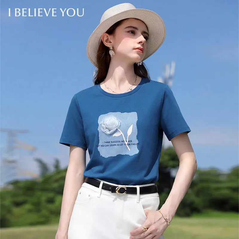 I BELIEVE YOU Short Sleeved Round Neck T-Shirt 2026 Summer New Rose Appliques Letter Printed Fashion Tee For Women 2261016348