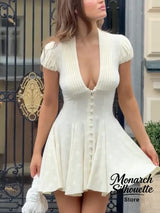 White Polka Dot Slim Fit Dress Women Solid Deep V-neck Puff Sleeves Pleated Front Button Short Dresses 2026 Lady Daily Wear New